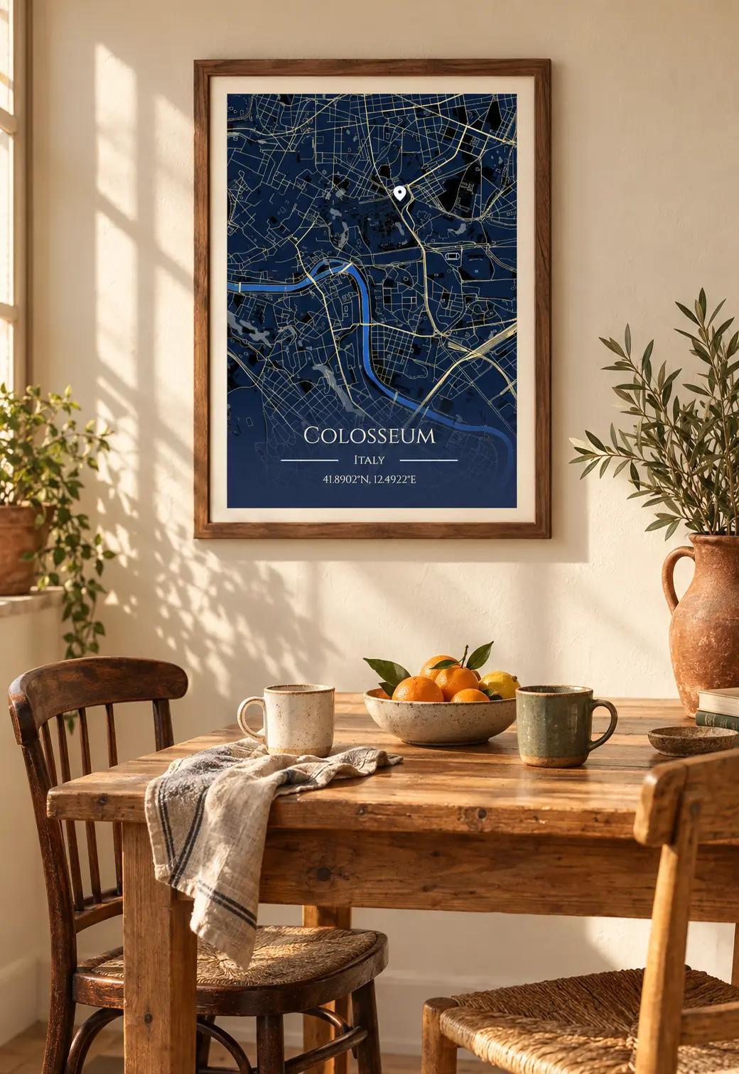 Framed map print hanging on a wall