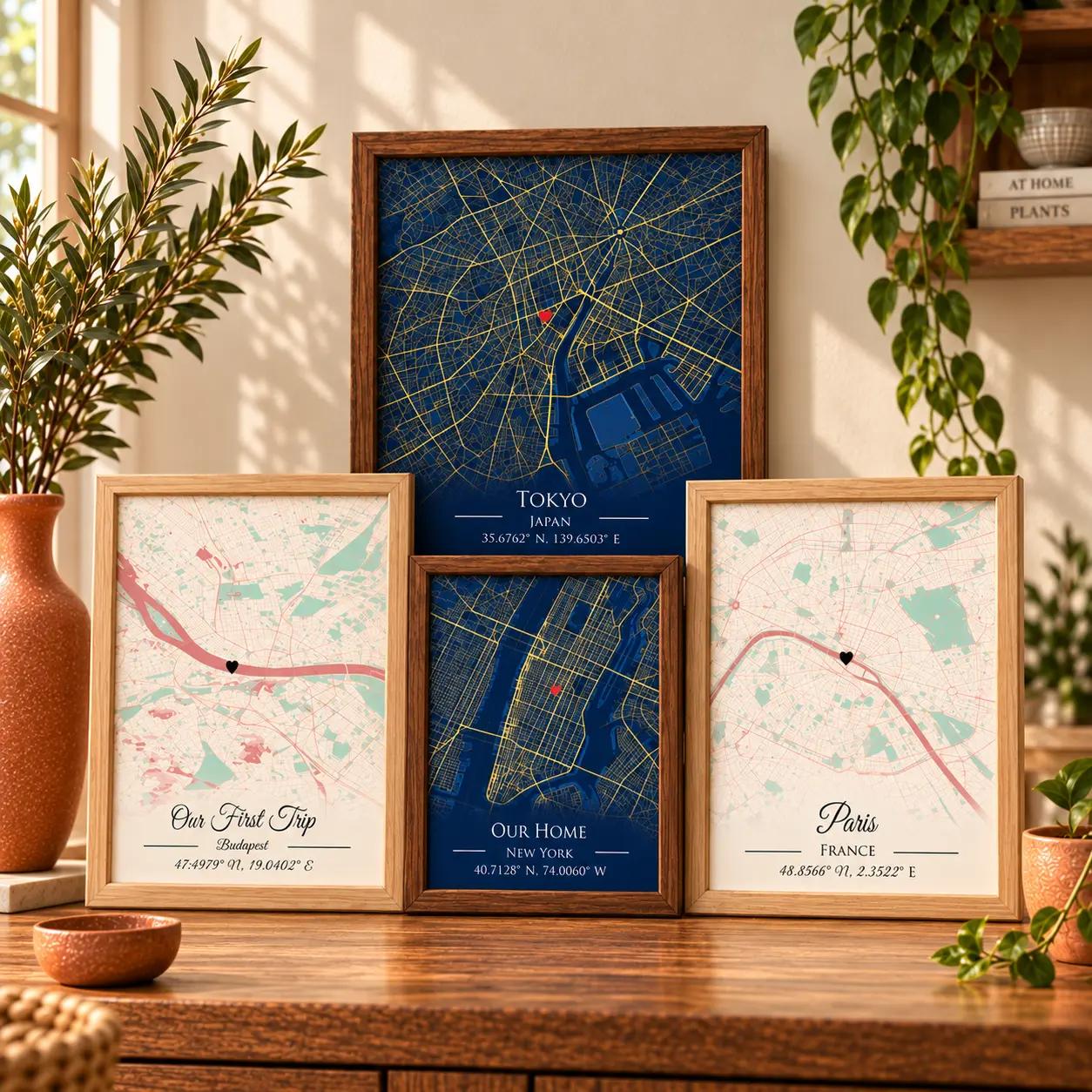 Map print displayed on a wooden shelf