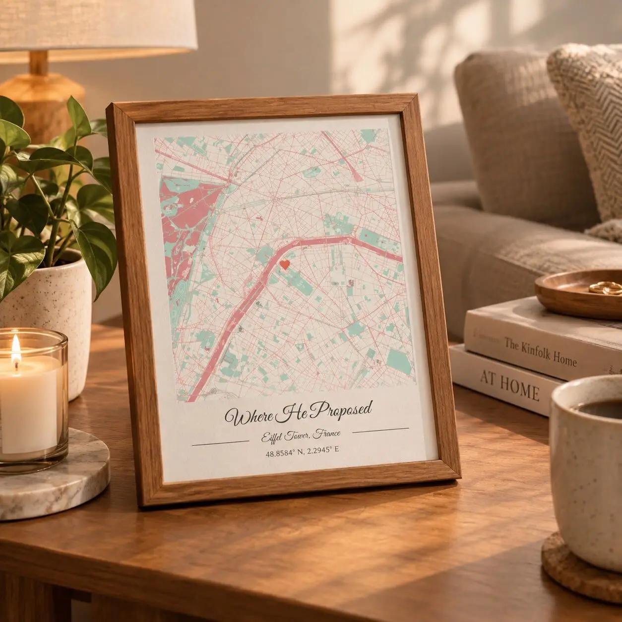 Framed map print displayed in a living room